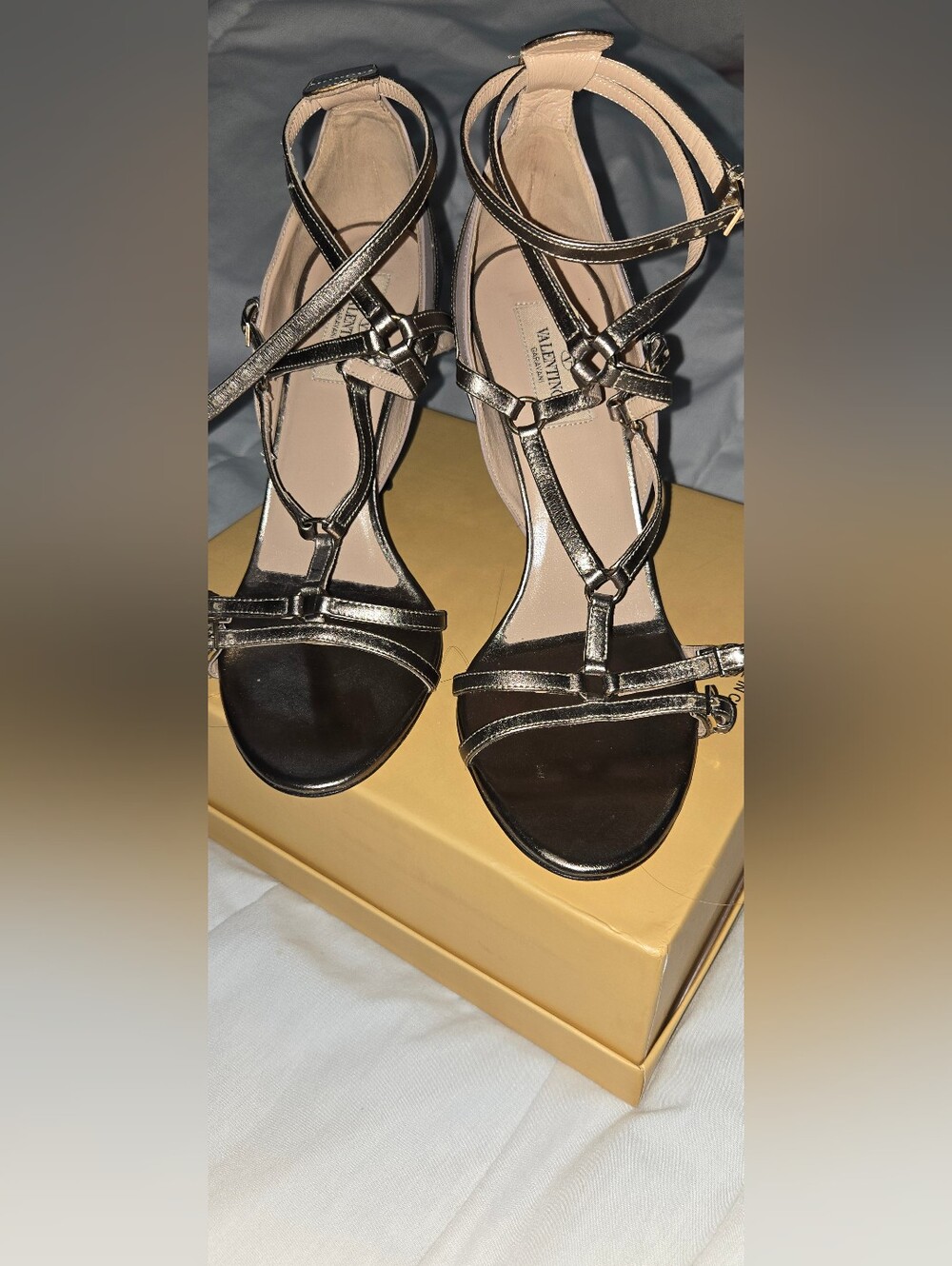 Valentino Metallic Bronze Strappy T-Bar Heels